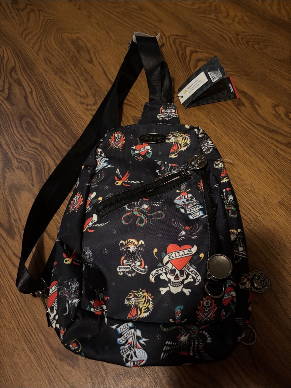 Ed Hardy Black Tattoo-Print Crossbody Sling Bag with Red & White Accents